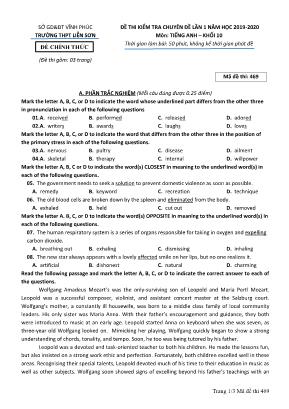 Đề thi kiểm tra chuyên đề lần 1 môn Tiếng Anh Lớp 10 - Mã đề 469 - Năm học 2019-2020 - Trường THPT Liễn Sơn
